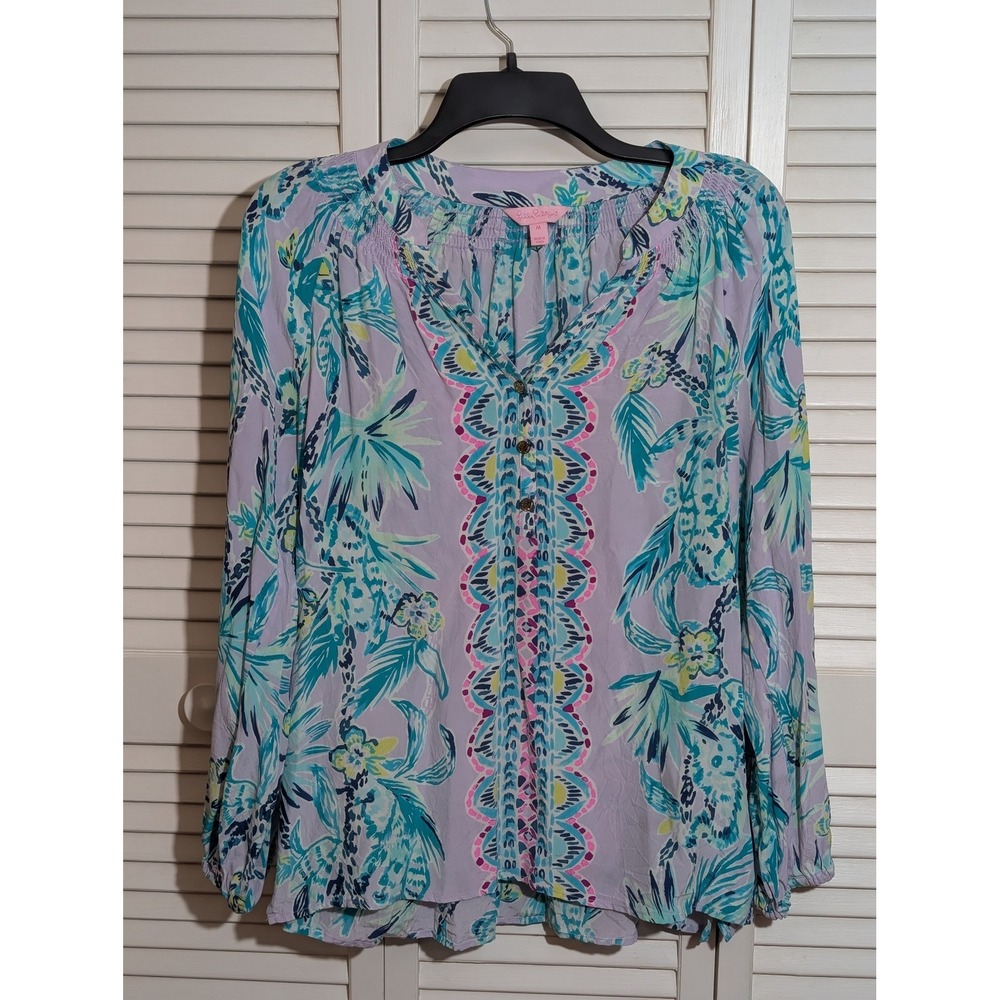 Lilly Pulitzer M 100% Silk Lavender Tropical Floral Print Tunic Blouse